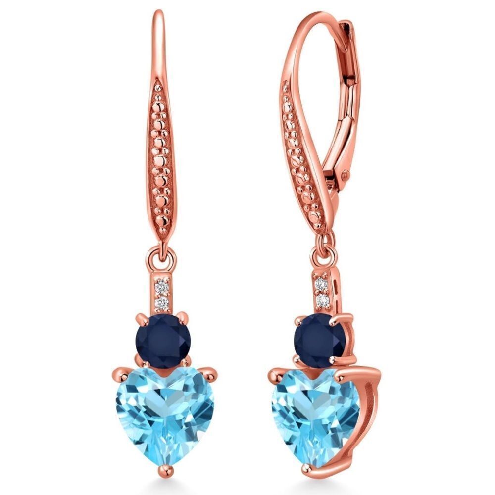 18K Rose Gold with 3.73 Cttw Swiss Blue Topaz and Blue Sapphire Heart Earrings